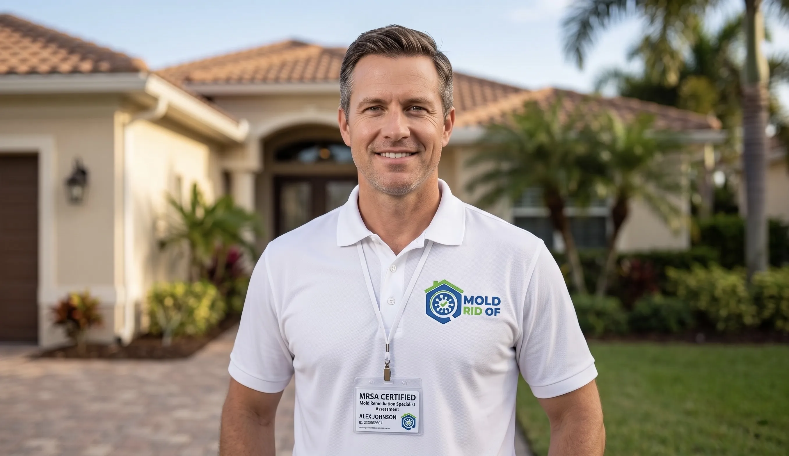 MRSA certified MoldRidOf inspector standing in front of Florida home