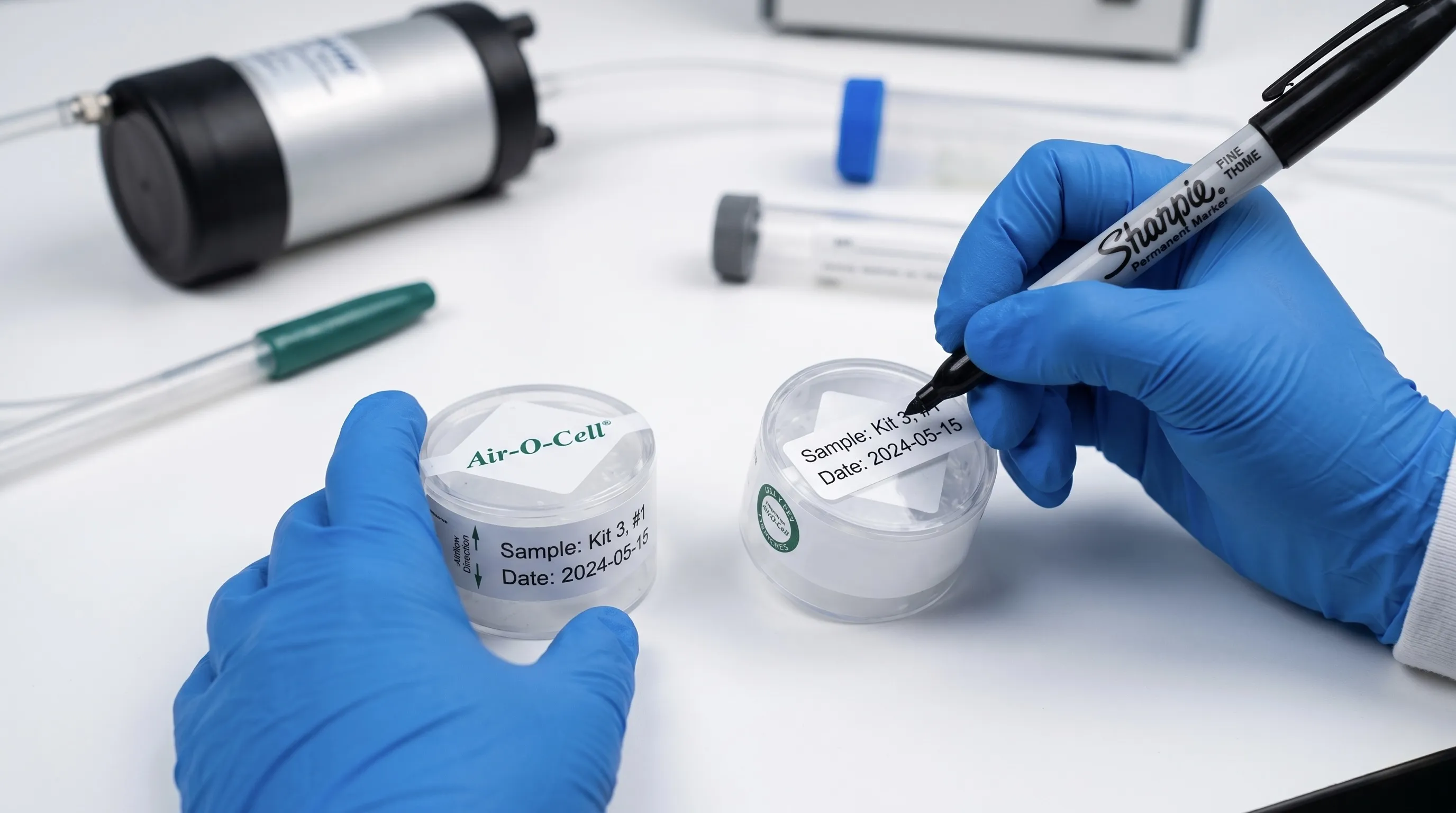 Lab technician labeling Air-O-Cell cassettes for AIHA-accredited mold analysis