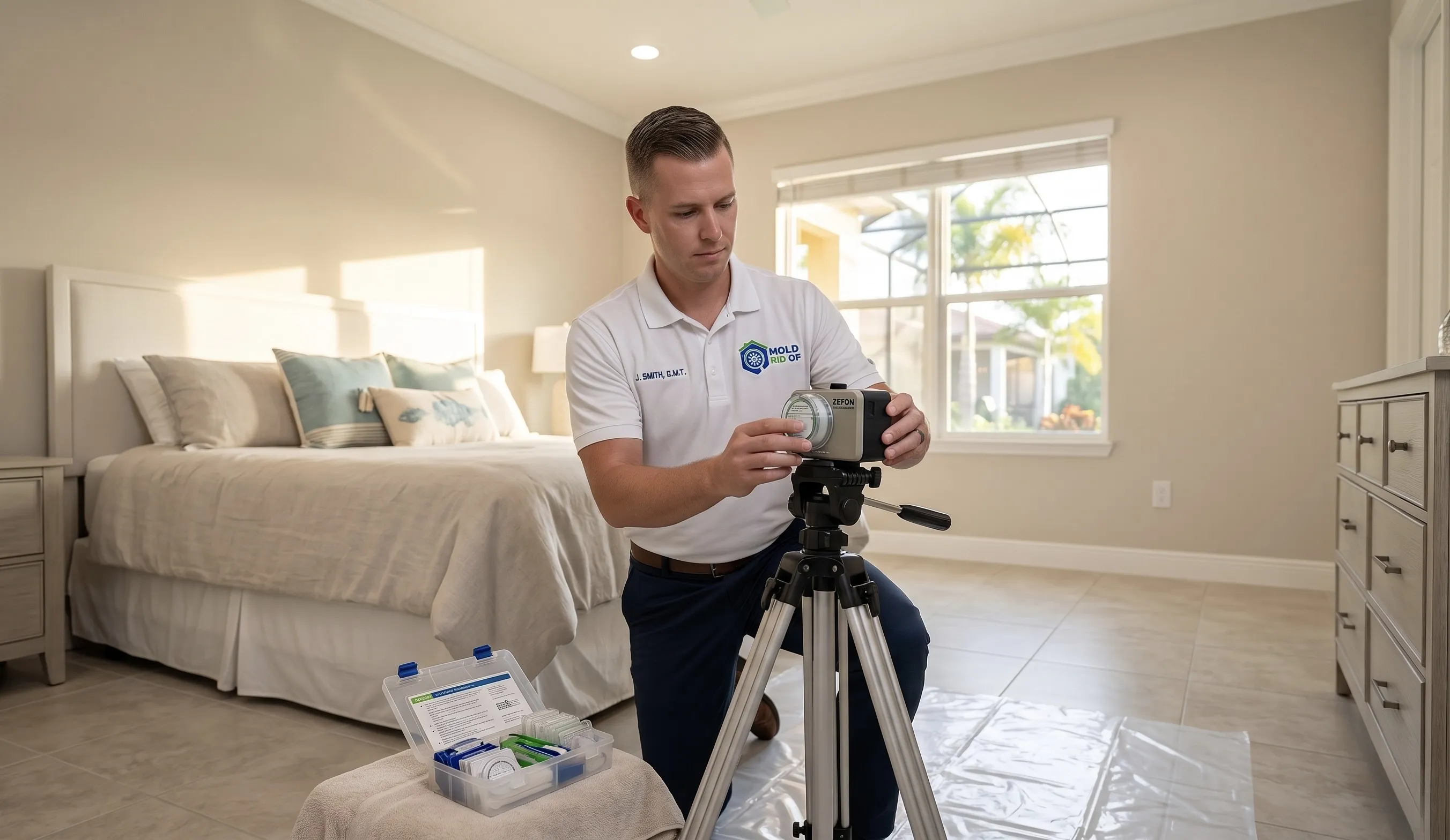MoldRidOf certified technician setting up air sampling equipment in Florida bedroom