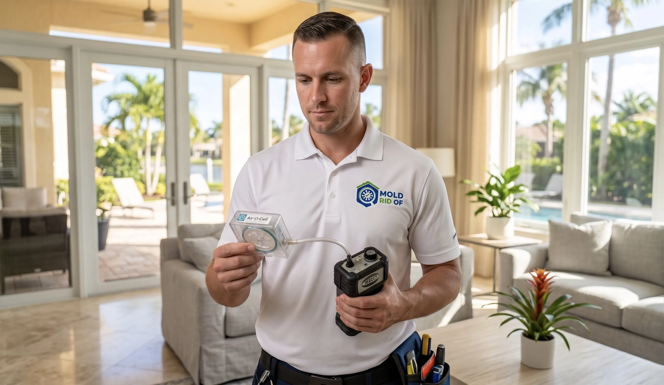 Certified mold assessor performing post-remediation air sampling with Air-O-Cell cassette