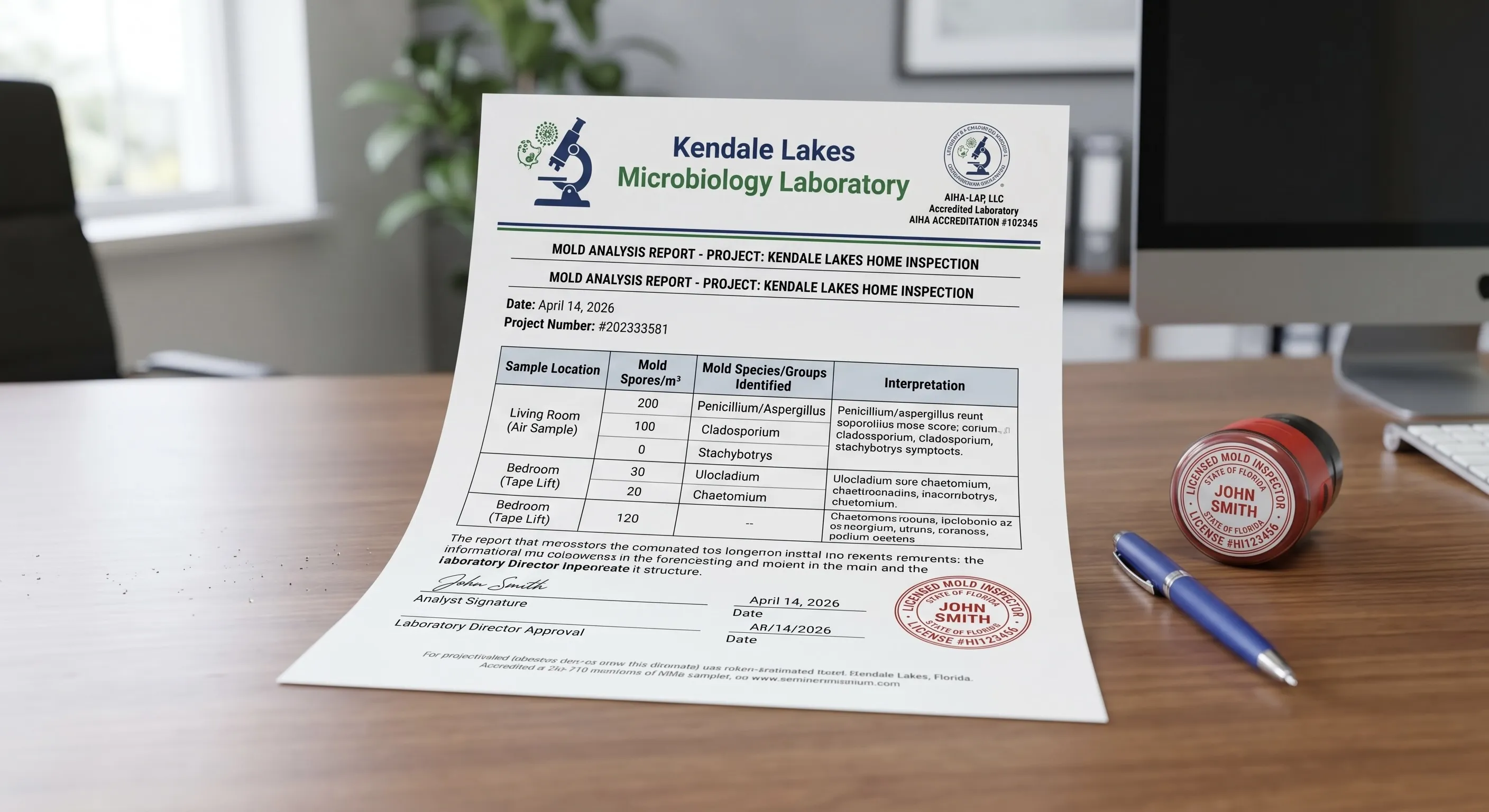 AIHA accredited lab report with mold species identification and spore counts