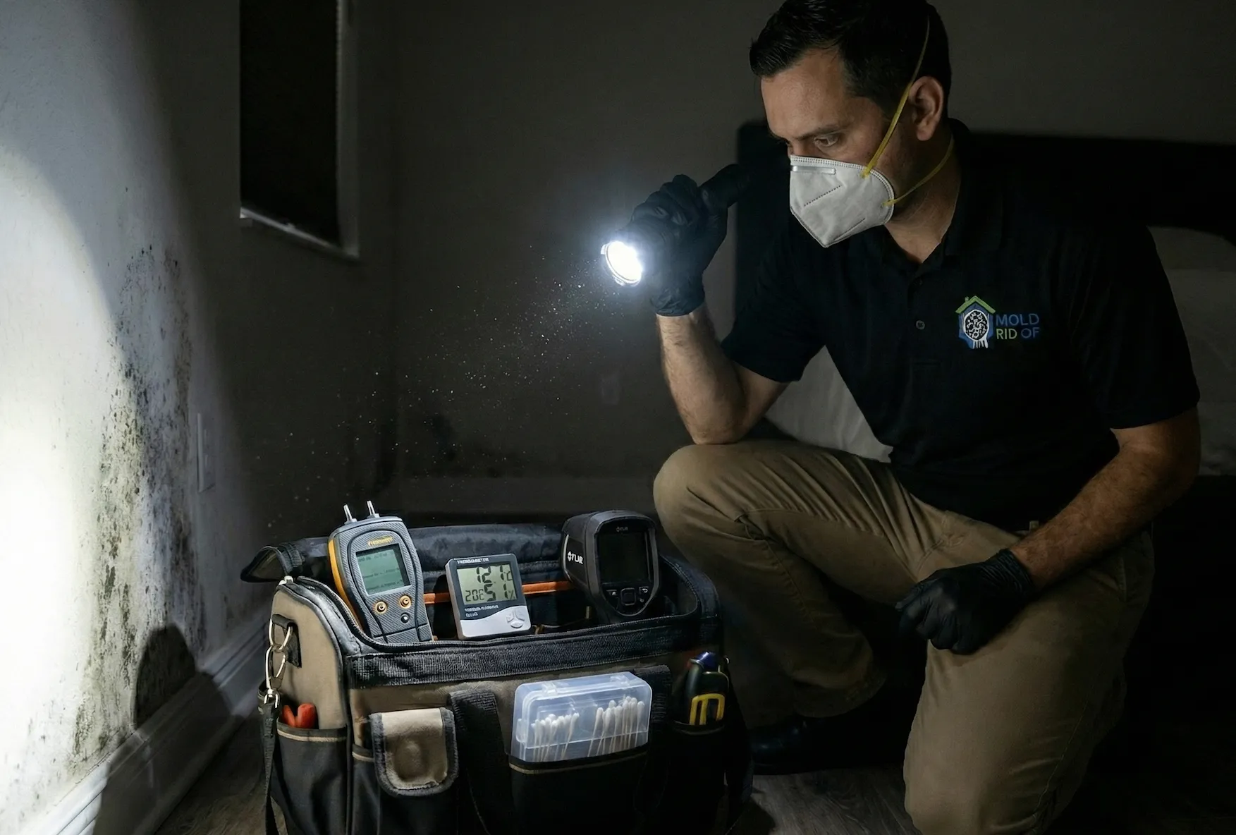 Inspector profesional de moho examinando una propiedad en Florida