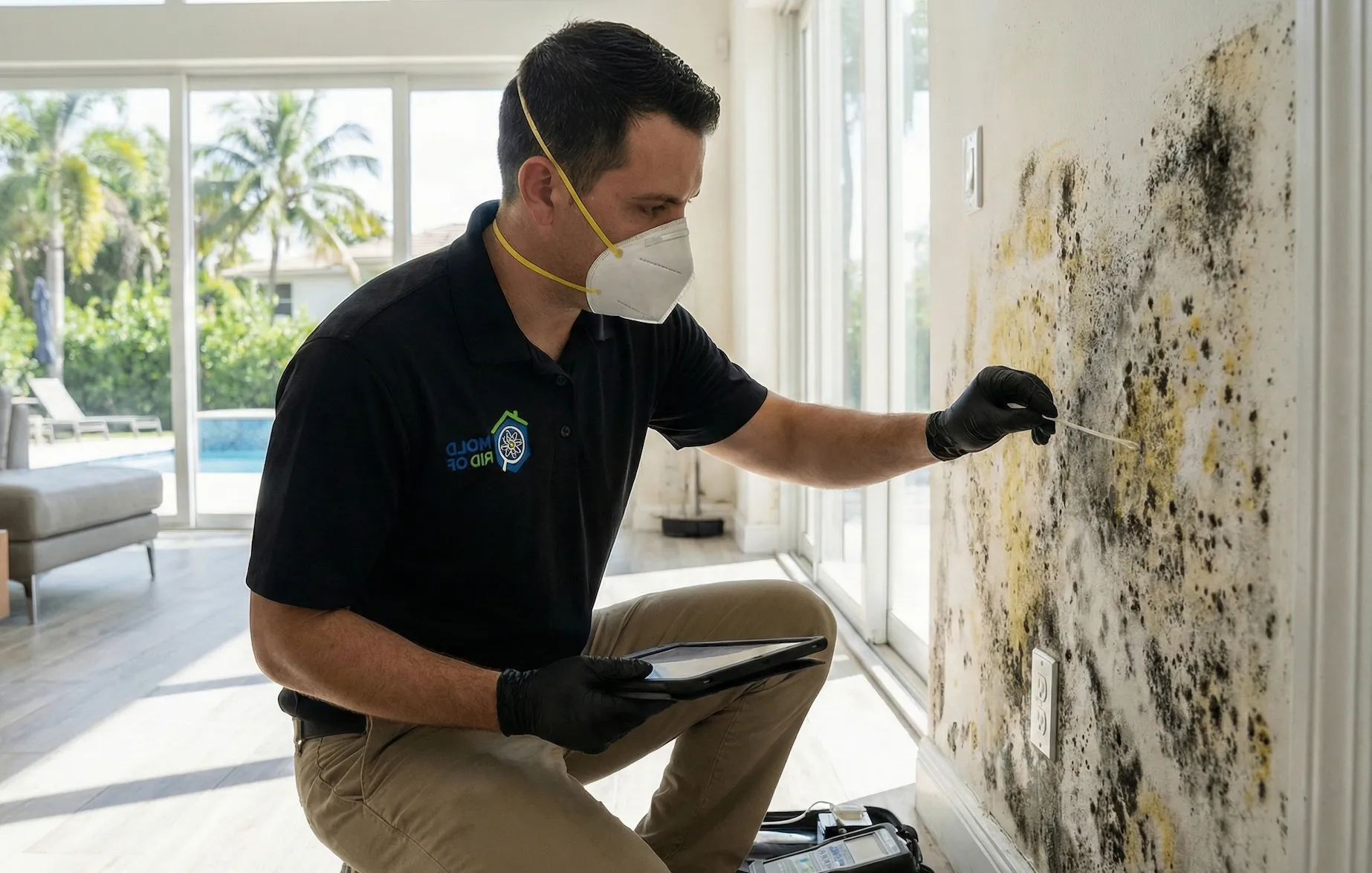 Experto en pruebas de moho recolectando muestras en hogar de Florida