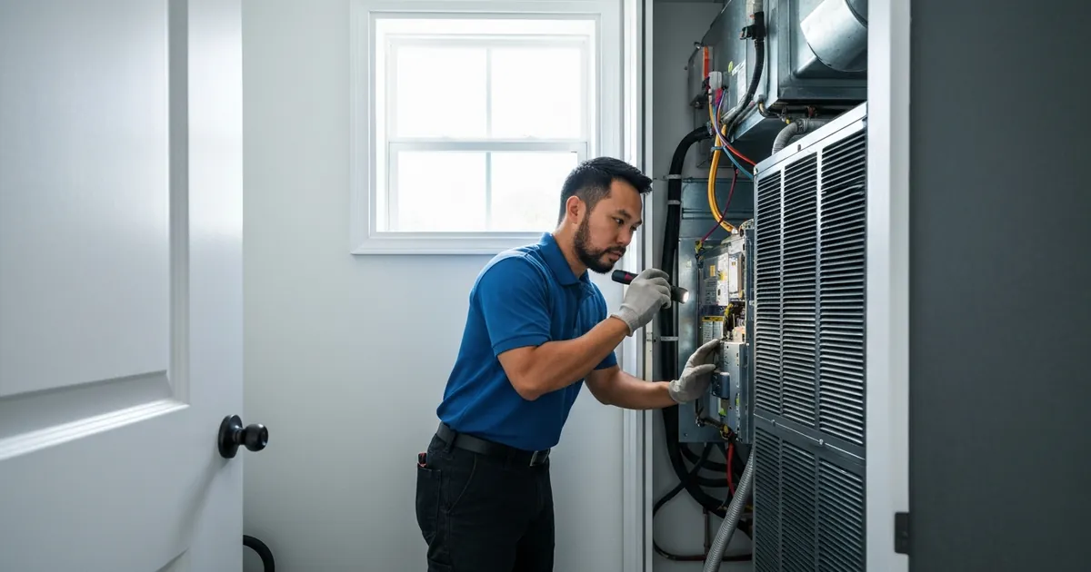 HVAC technician inspecting AC unit for mold in Florida home