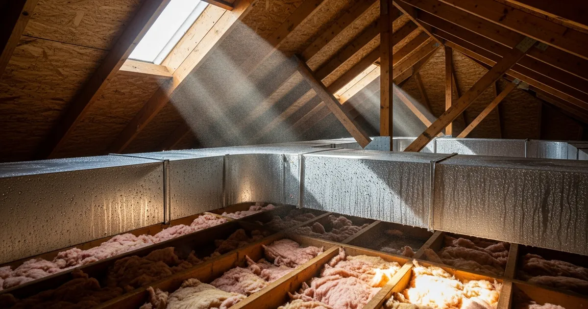 Attic HVAC ductwork with condensation causing mold in Florida