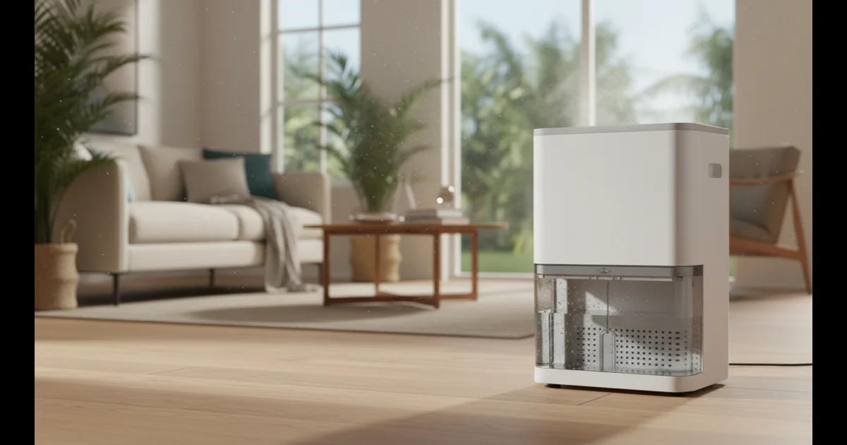 Modern Energy Star dehumidifier in a Florida living room with palm view