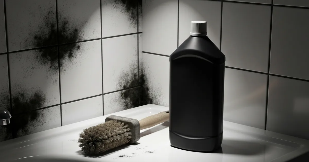 Bleach bottle next to persistent mold showing ineffective cleaning