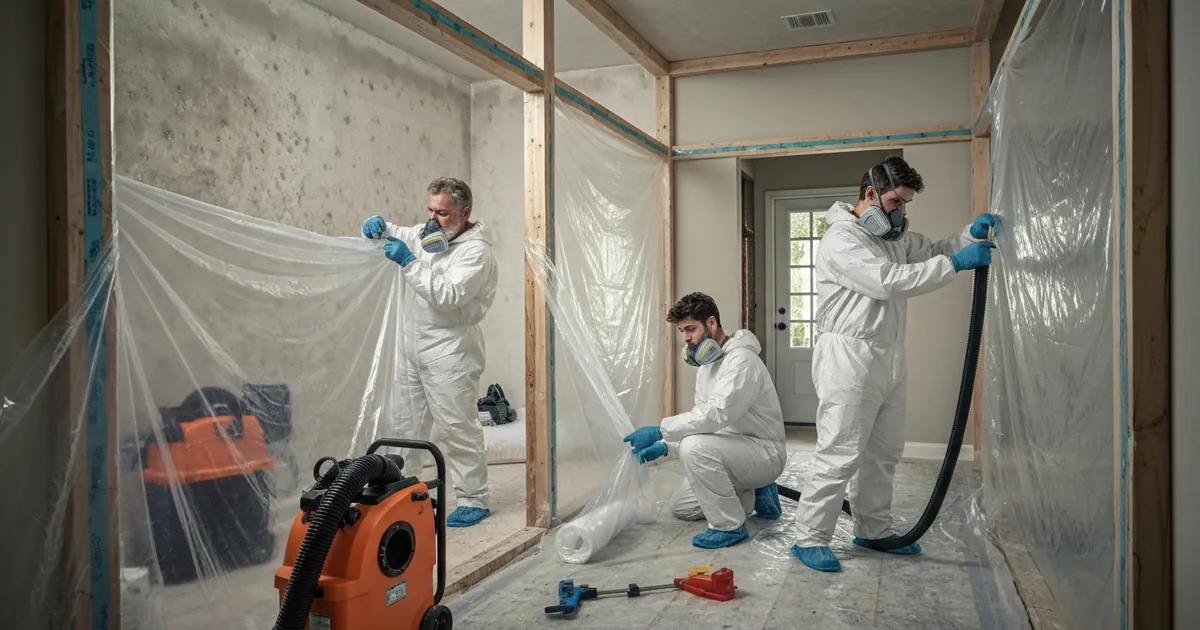 Third-party mold remediation crew in PPE setting up containment after an independent mold assessment
