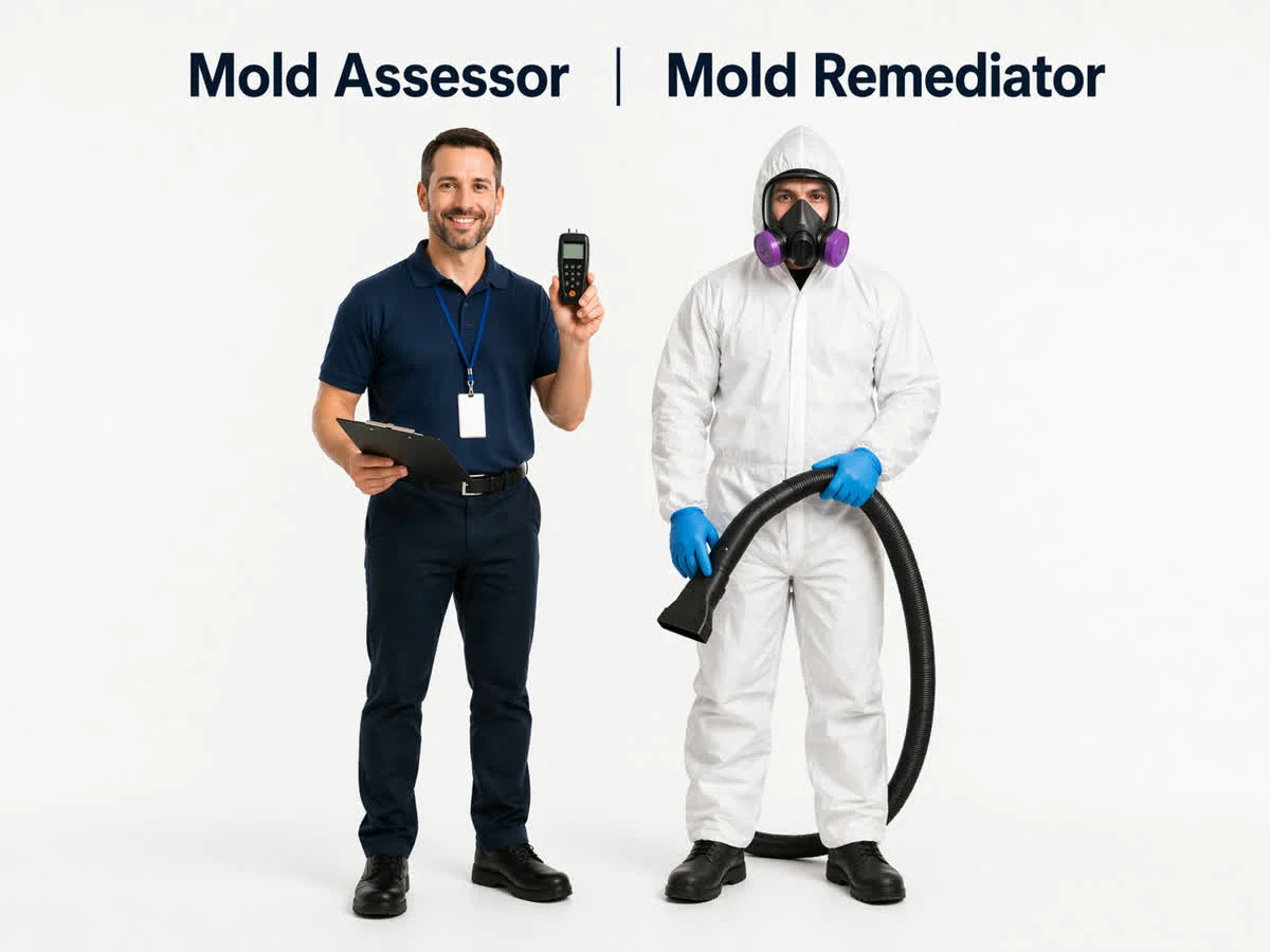 Infographic comparing Florida licensed mold assessor vs remediator roles, duties, and Chapter 468 restrictions