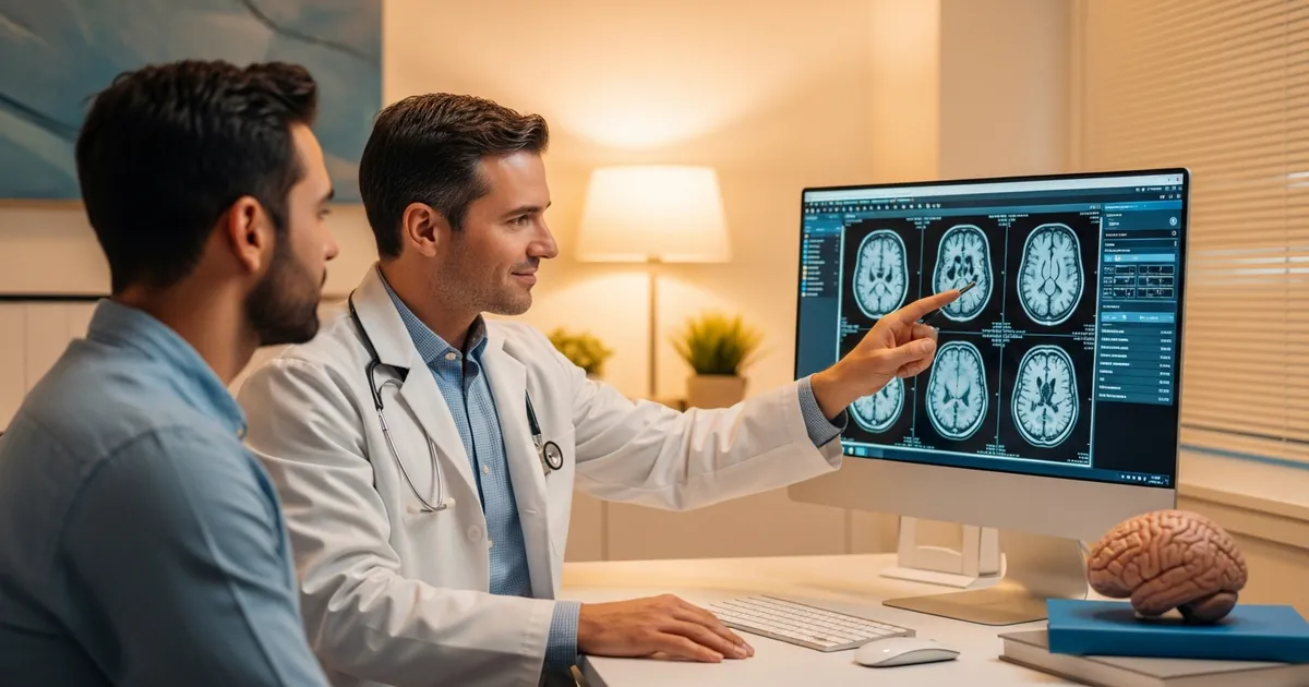 Doctor reviewing brain scan for neurological effects of mold exposure