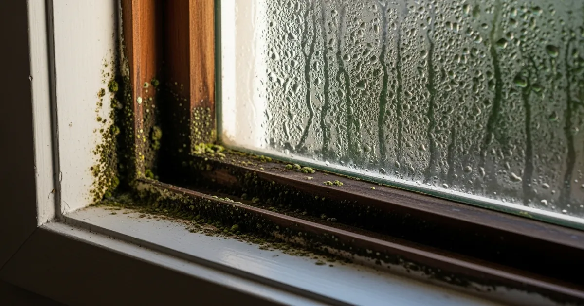 Mold growing on window frame and wood in humid Florida home