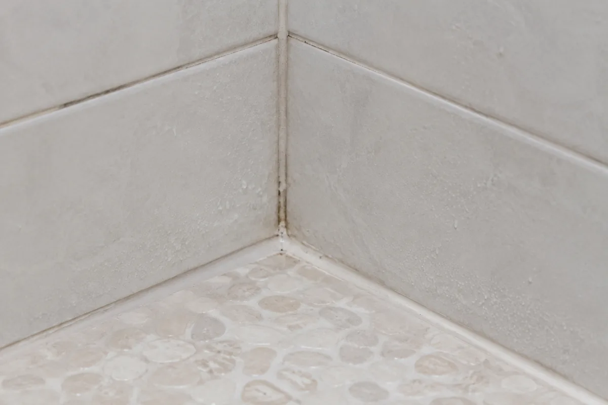 Close-up of shower grout and caulk where bathroom moisture collects