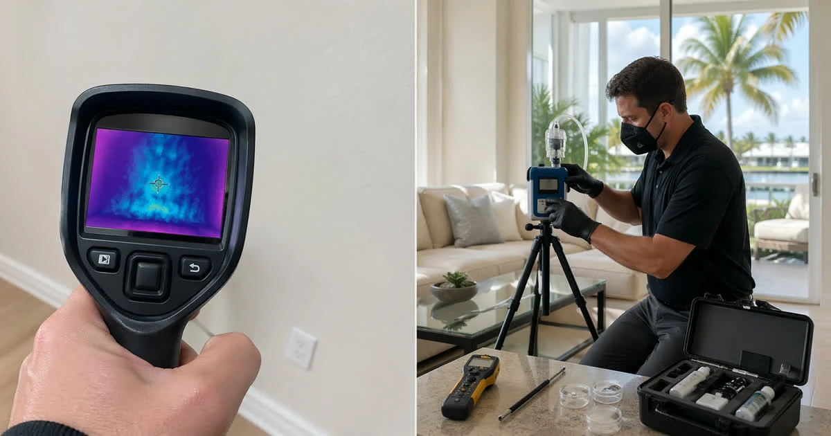 Professional mold inspector using air sampling pump in Florida home
