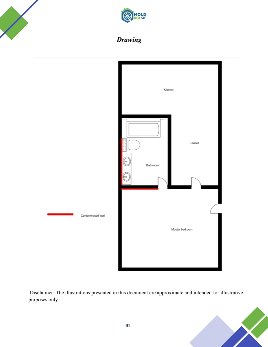Example mold inspection report page showing a floor plan with the contaminated wall marked